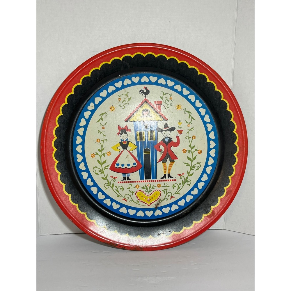 Vintage Folk Art Metal Serving‎ Tray Red Scalloped Heart Pennsylvania Dutch Tin